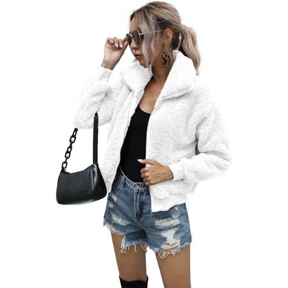 Women's Short Faux Fur Coat Casual Shaggy Jacket with Pockets Warm Winter Zip-Up - Picture 4 of 4